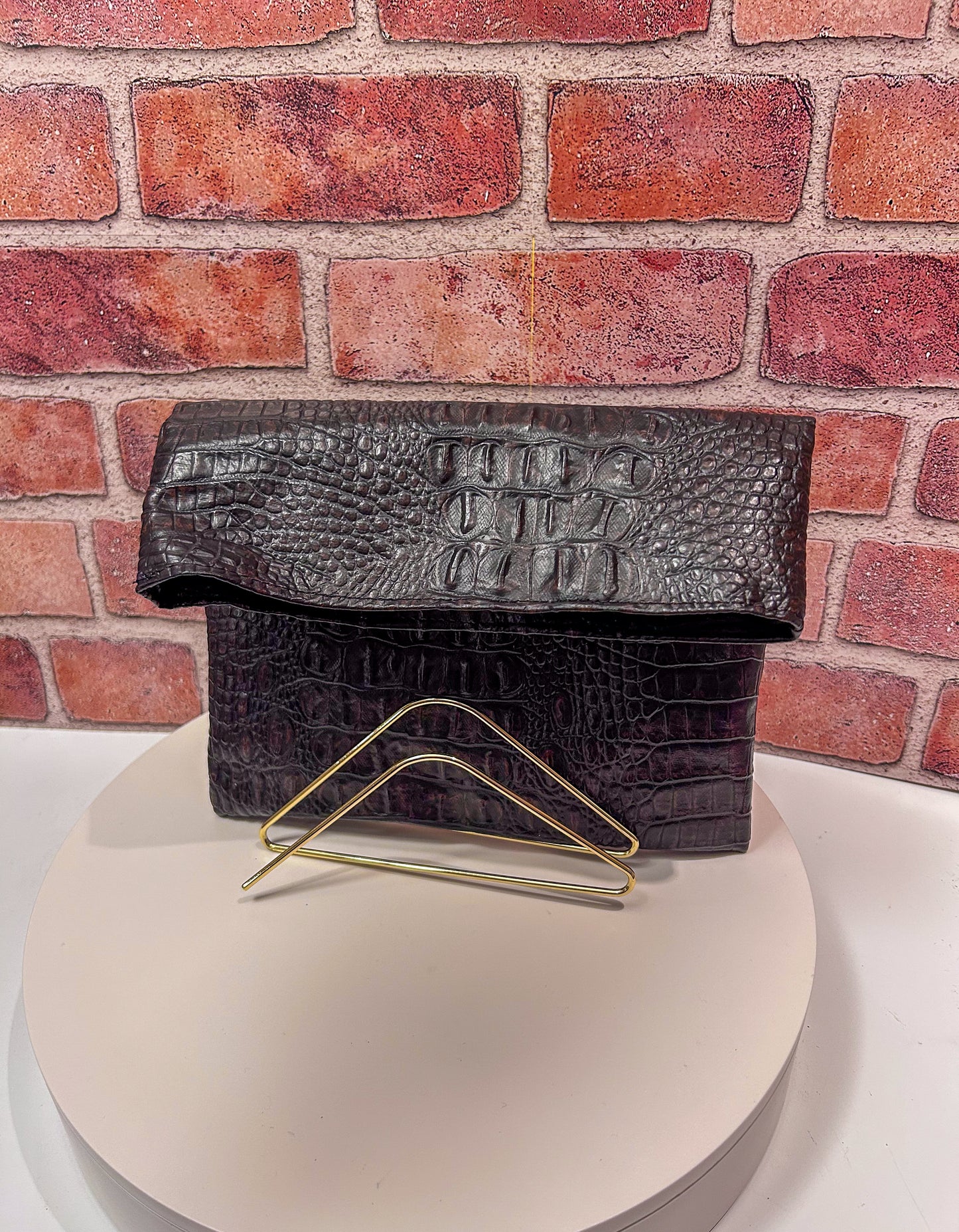 Brown Faux Snake Skin Foldover Clutch