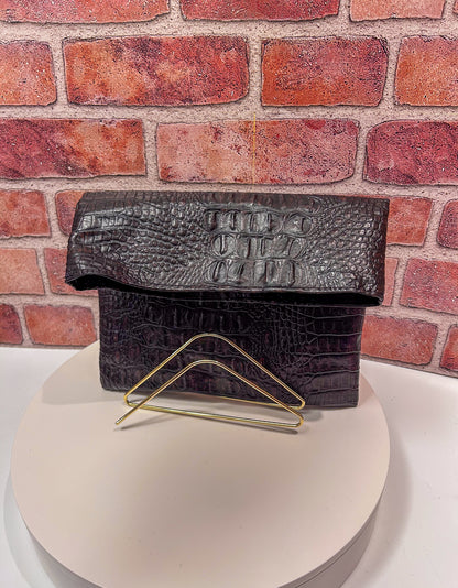 Brown Faux Snake Skin Foldover Clutch