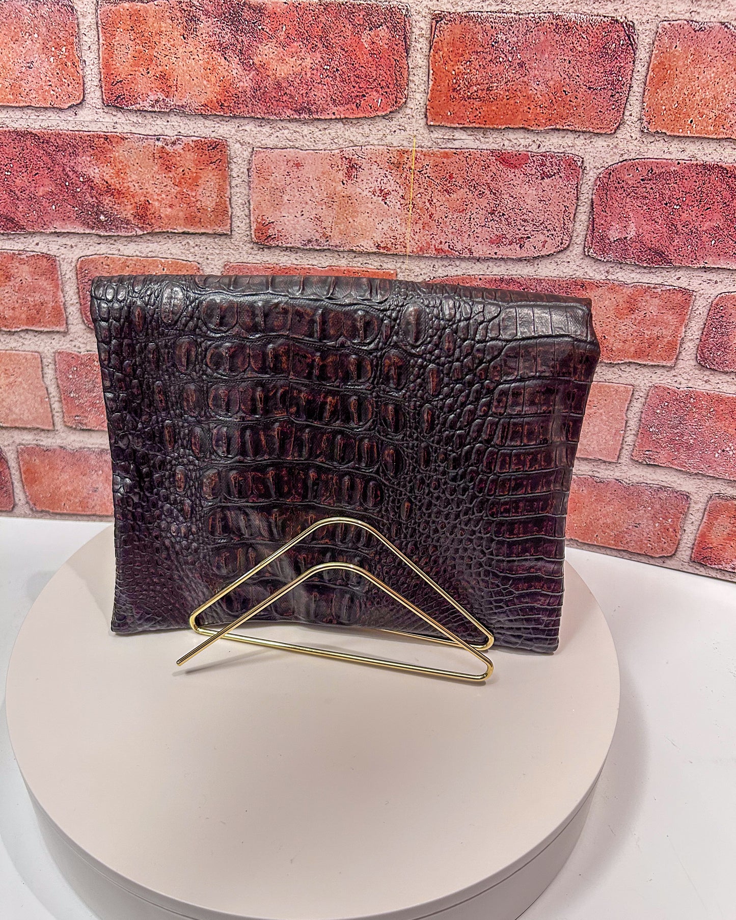 Brown Faux Snake Skin Foldover Clutch