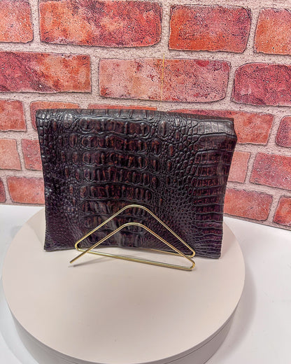 Brown Faux Snake Skin Foldover Clutch