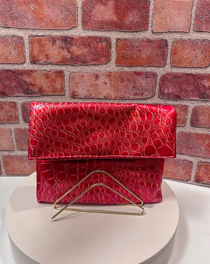 Red Faux Croc Skin Foldover Clutch