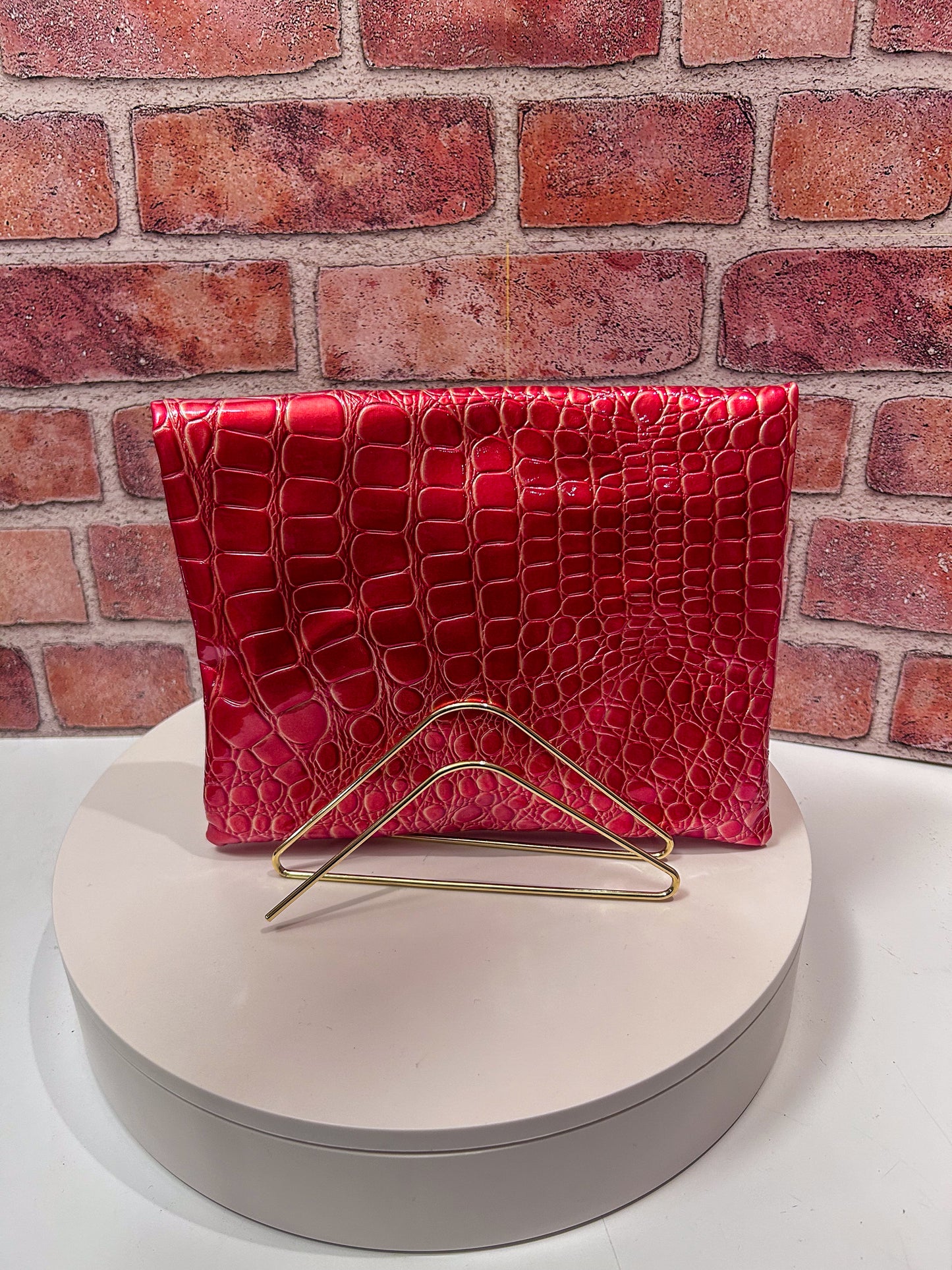 Red Faux Croc Skin Foldover Clutch